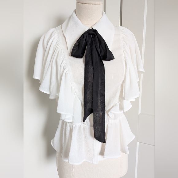 Zara Tops - NWT Zara White Button up Ruffle Sleeve Blouse with Black Neck Tie XS